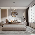Modern Bedroom Interior Design With Plush Bed Round Decorative Art And Floor to Ceiling Windows