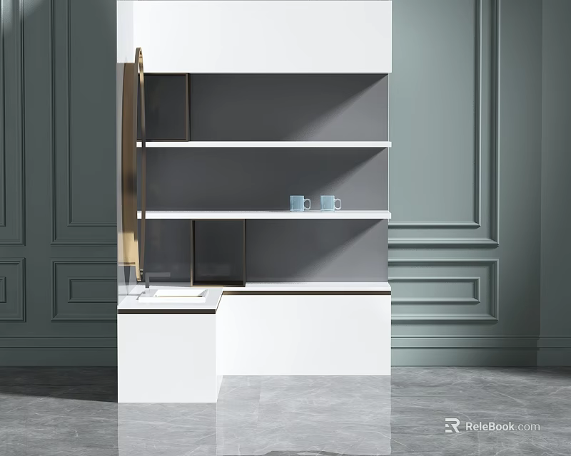 Modern Bathroom Interior With White Wash Basin Grey Shelves And Dark Green Decorative Wall Panels 3d model 