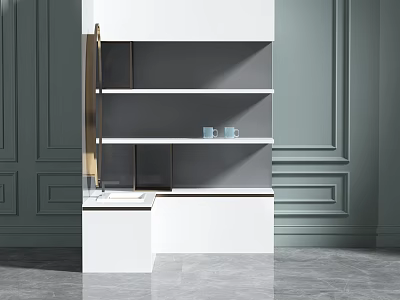 Modern Bathroom Interior With White Wash Basin Grey Shelves And Dark Green Decorative Wall Panels 3d model