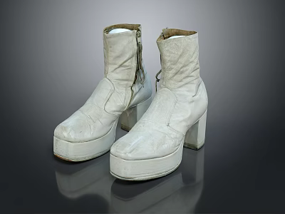 Stylish White Leather Boots with Platform Sole Block Heel and Side Zipper Design 3d model
