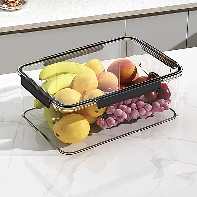 Assorted Fresh Fruits Banana Lemon Peach and Grape in Clear Storage Container on Marble Countertop 3d model