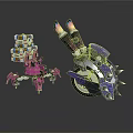 Two Colorful Robots With Pink Purple Mechanical Structure And Spiked Wheels