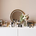 Elegant Perfumes And Cosmetics Display On White Vanity With Round Mirror And Flower Bouquet