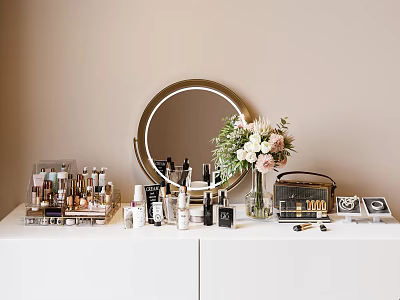 Elegant Perfumes And Cosmetics Display On White Vanity With Round Mirror And Flower Bouquet 3d model