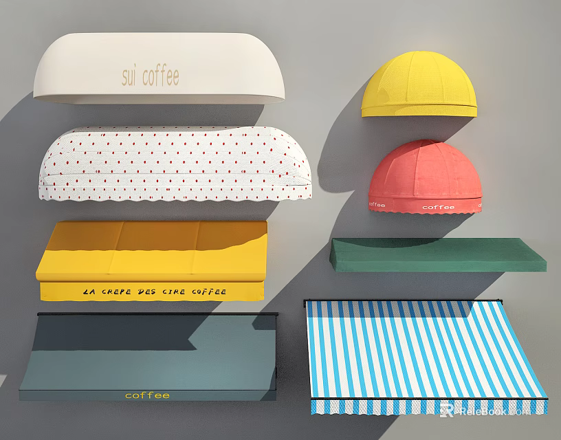 Colorful Outdoor Awnings with Various Styles Striped Patterns and Sun Coffee Designs 3d model 