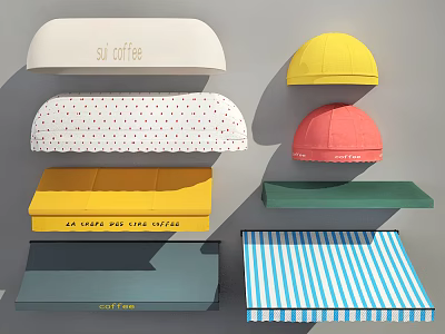 Colorful Outdoor Awnings with Various Styles Striped Patterns and Sun Coffee Designs 3d model