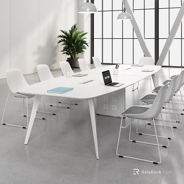 White Conference Table With Laptop Notebooks White Chairs And Green Plant In Modern Office 3d model 