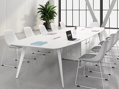 White Conference Table With Laptop Notebooks White Chairs And Green Plant In Modern Office 3d model