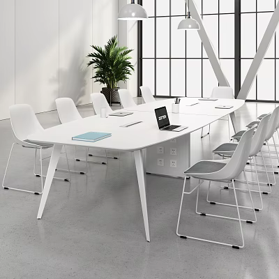 White Conference Table With Laptop Notebooks White Chairs And Green Plant In Modern Office 3d model