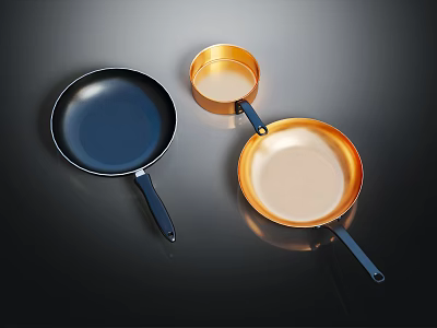 Stylish Cookware Set For Kitchen With Black Frying Pan Gold Saucepan And Handles 3d model
