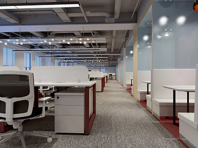 Modern Public Office Space Featuring Open Layout Workstations Office Chairs And Carpet Flooring 3d model