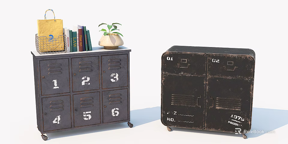 Vintage Entryway Cabinet And Sidetable With Numbered Drawers Storage Doors Books Potted Plant And Bag 3d model 