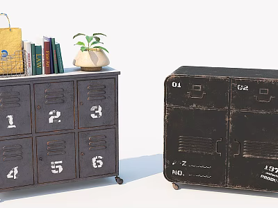 Vintage Entryway Cabinet And Sidetable With Numbered Drawers Storage Doors Books Potted Plant And Bag 3d model