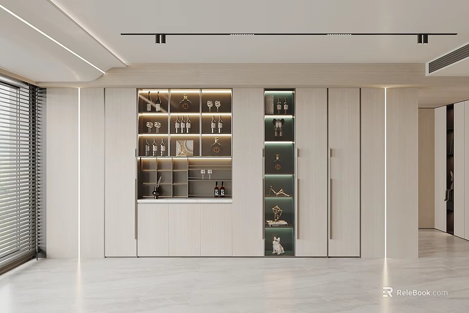 Modern Wine Cabinet with Glass Doors Displaying Wine Glasses and Bottles in Spacious Bright Room 3d model 