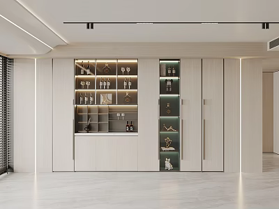 Modern Wine Cabinet with Glass Doors Displaying Wine Glasses and Bottles in Spacious Bright Room 3d model