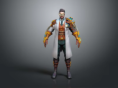 Steampunk Bearded Male Character With White Long Coat And Gold Blue Mechanical Armor 3d model