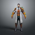 Steampunk Bearded Male Character With White Long Coat And Gold Blue Mechanical Armor