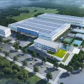 Modern Industrial Factory Complex With Solar Panel Roof Surrounding Greenery And Office Buildings