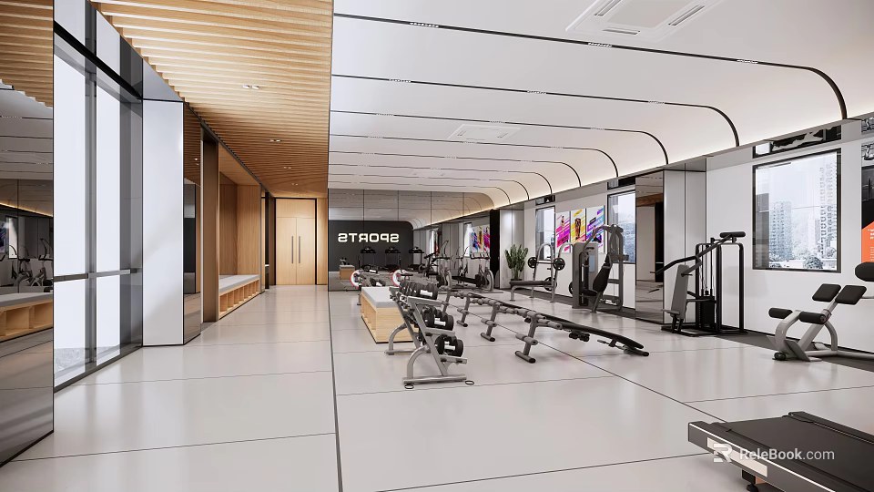 Modern Spacious Gym Interior With Well Equipped Exercise Machines And Mirrors 3d model 