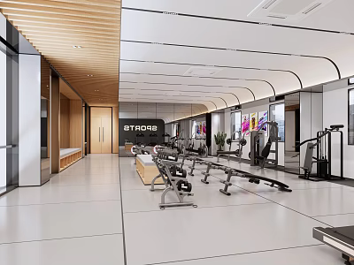 Modern Spacious Gym Interior With Well Equipped Exercise Machines And Mirrors 3d model