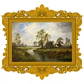 Golden Carved Frame With Landscape Painting Featuring River Trees And Cottage