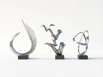 Modern Metal Decorative Ornament Set With Sculptural Fan Floral And Circular Designs On Black Bases 3d model