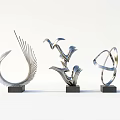 Modern Metal Decorative Ornament Set With Sculptural Fan Floral And Circular Designs On Black Bases