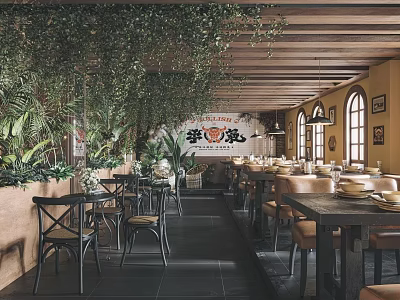 Cozy Restaurant Interior With Wooden Ceiling Green Plants And Dining Tables 3d model