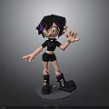 Cartoon 3D Character Model With Black Hair Purple Highlights Glasses Black Outfit And Boots