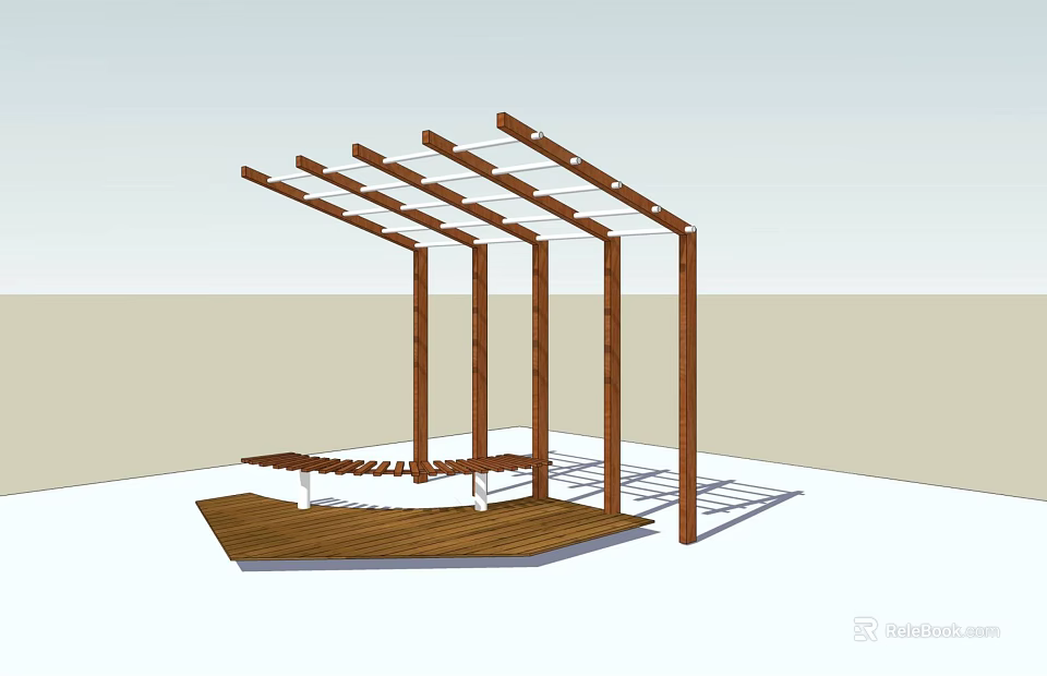 Outdoor Wooden Pergola with Supporting Columns Beams Wooden Platform and Bench for Garden 3d model 