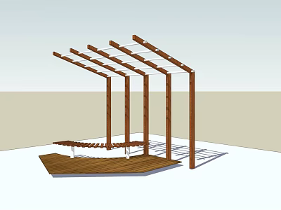 Outdoor Wooden Pergola with Supporting Columns Beams Wooden Platform and Bench for Garden 3d model
