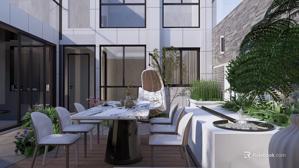 Courtyard Garden Outdoor Dining Space With Marble Table White Chairs Green Plants And Modern Fountain 3d model 