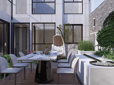 Courtyard Garden Outdoor Dining Space With Marble Table White Chairs Green Plants And Modern Fountain 3d model