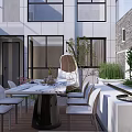 Courtyard Garden Outdoor Dining Space With Marble Table White Chairs Green Plants And Modern Fountain
