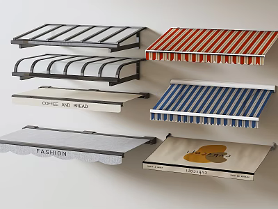 Various Stylish Awnings With Curved Flat And Striped Red White Blue Gray Designs 3d model