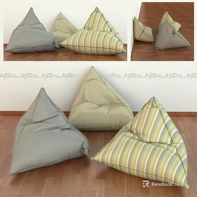 Comfortable Bean Bag Chairs Gray Beige And Striped Design On Wooden Floor 3d model 