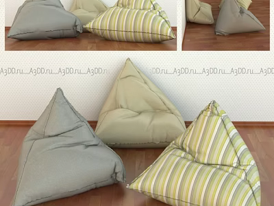 Comfortable Bean Bag Chairs Gray Beige And Striped Design On Wooden Floor 3d model