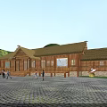 Traditional Thatched Cottage with Wooden Structure in Green Hills featuring Stone Paved Square and People Walking