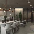 Modern Café Interior With Metal Sculpture White Bar Stools Coffee Machine And Cactus Plant