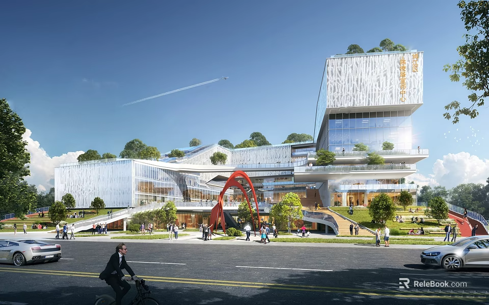 Modern Inclined Building with Glass Curtain Walls Green Roof Top Red Sculpture and Pedestrians Bicycles 3d model 