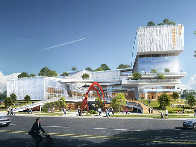 Modern Inclined Building with Glass Curtain Walls Green Roof Top Red Sculpture and Pedestrians Bicycles 3d model
