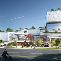 Modern Inclined Building with Glass Curtain Walls Green Roof Top Red Sculpture and Pedestrians Bicycles