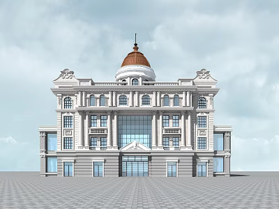 Classical Style Office Building With Red Dome White Exterior And Front Plaza 3d model