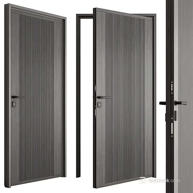 Modern Gray Swing Door With Vertical Stripes And Sleek Interior Design 3d model 