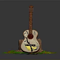 Hand Painted Decorative Guitar as Household Item on Tree Stump with Green Grass and Flowers