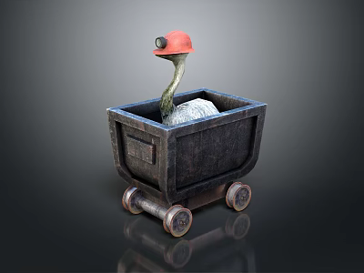 Goose Wearing Red Hat Sitting In Black Cart With Metal Wheels 3d model