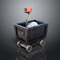 Goose Wearing Red Hat Sitting In Black Cart With Metal Wheels
