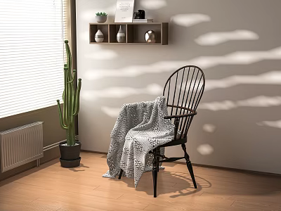 Leisure Chair With Gray Blanket Near Cactus And Window Blind Shadows On Light Wooden Floor 3d model