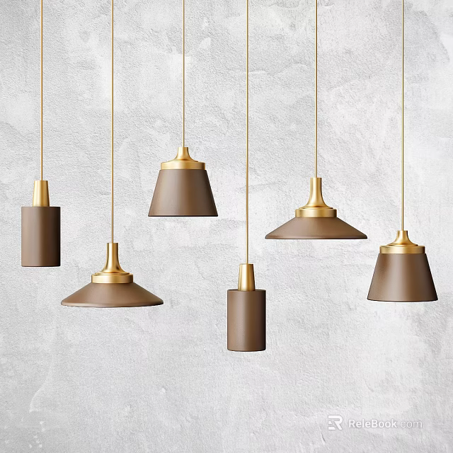 Modern Brown And Gold Pendant Lights With Metallic Design On Light Textured Wall 3d model 