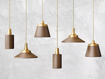 Modern Brown And Gold Pendant Lights With Metallic Design On Light Textured Wall 3d model